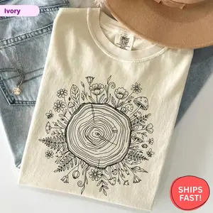 Comfort Colors Botanical Tree T Shirt, Tree Ring Art T-Shirt, Cottagecore Forest TShirt, Nature Lover Gift, Rustic Woodland Aesthetic, Mushroom Tee Graphic Tee