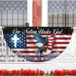 One Nation Under God Patriotic Polyester Bunting Banner, American Flag Eagle Half Round Porch Banner, USA Fourth of July Independence Day Porch Fence Railing Decor, Patriotic Outdoor House Decoration
