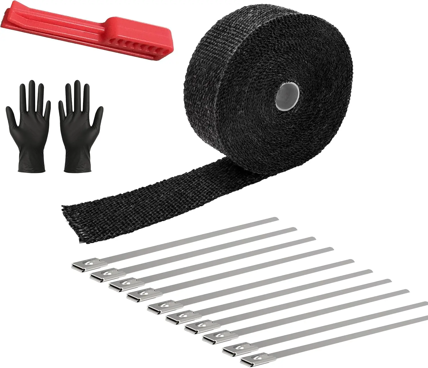 Exhaust Heat Wrap Roll 2" x 16' Black Fiberglass Heat Shield Tape 1 Rolls 5cm x 5m with 10pcs Stainless Ties and A Measure Tool for Motorcycle Car Truck