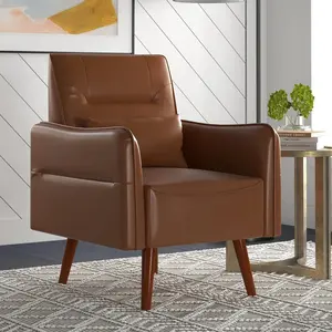 【Summer Sale】[Retro Pick] EBELLO PU Leather Accent Chair with Wood Grain Legs, Vintage Brown Single Armchair for Home Office or Lounge – Stylish & Comfortable