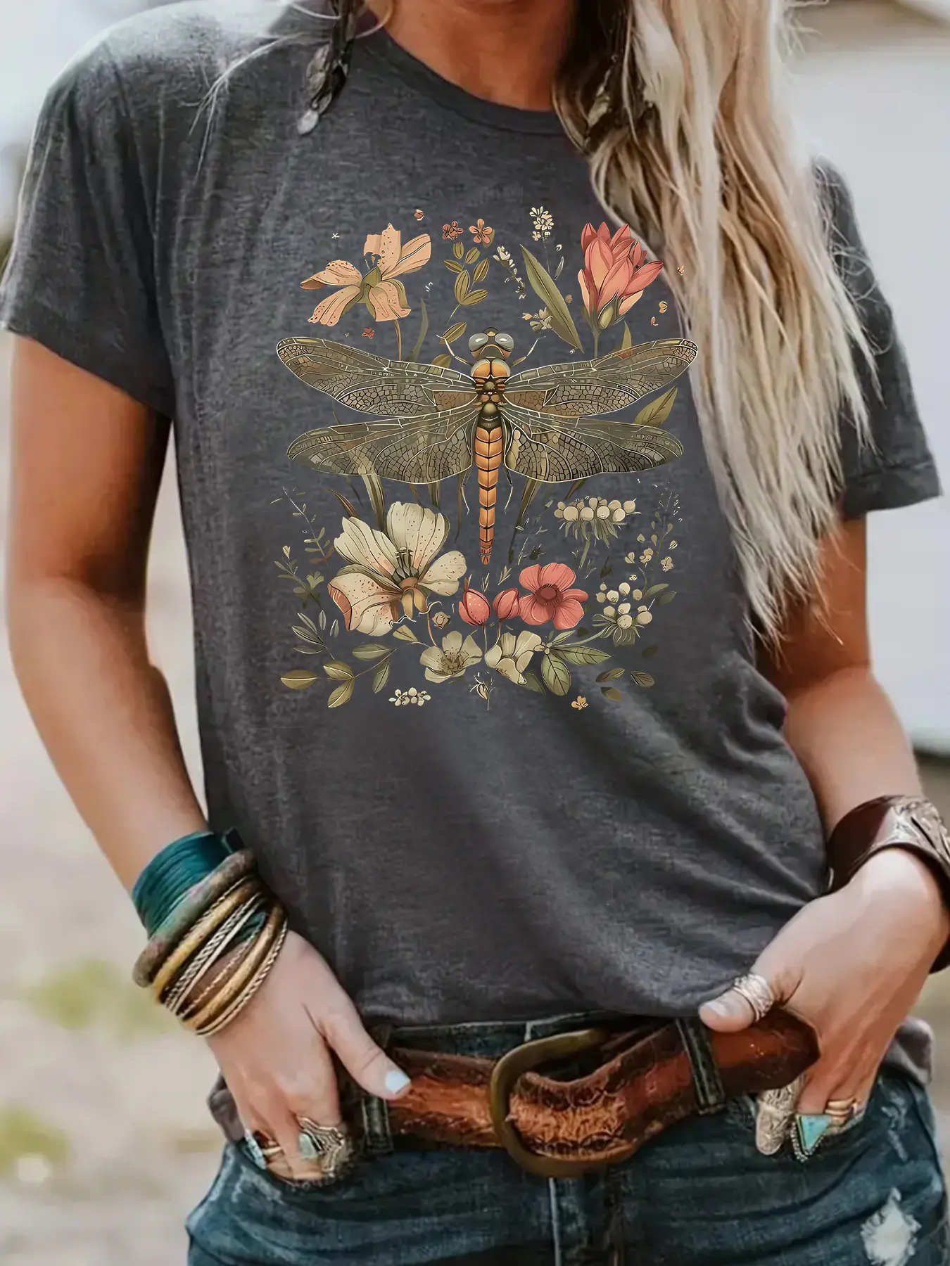 Women's Summer Casual Fashion Vintage Floral Dragonfly Print Round Neck Crewneck Short Sleeve T-Shirt, Comfortable Breathable Lightweight Fitted Fit S-Xxl Outdoor Tshirt