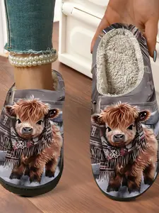 Cute Kawaii Cartoon Animal Cow Printed Cotton Slippers Fashion Fluzzy Flurry 2025 2026 Fall & Winter New Home Indoor Outdoor Slipper, Casual Textile Rubber Sole Casual Slipper Shoes