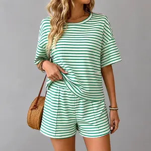 Women's Striped Two Piece Shorts Set, Waffle Knit Short Sleeve Crew Neck Top and High Waisted Shorts, Summer Casual Lounge Vacation Outfit