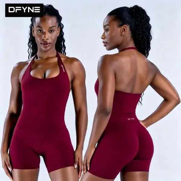 DFYNE Seamless 2 Piece Workout Set For Women – Halter Neck Tank With Built In Bra & High Waisted Biker Shorts, Sculpting Tummy Control Gym Outfit, Buttery Soft Squat Proof Nylon Blend Athleisure Activewear, Sleeveless Matching Set For Yoga Running Pilates