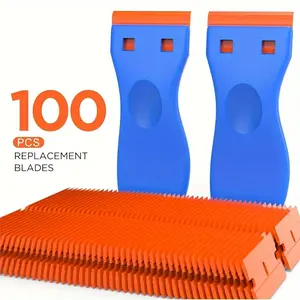 Plastic Razor Blade Scraper Set, Includes 2 Scrapers & 100 Replacement Blades, Ideal for Paint, Glue, Stickers, Glass, Cars, Windows, Seals, Tools