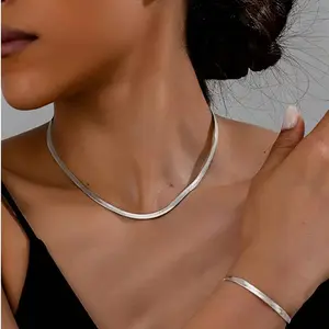 2pcs(Necklace + Bracelet) Silver Plated Snake Bone Chain Necklace Bracelet Set Ornaments, Minimalist Elegant Alloy Chains for Daily Wear, Gift for Girlfriend, Best Friend, Anniversary - Year-Round