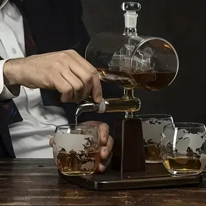 1pc Polished Metal Finish Glass Whiskey Decanter Set with 4 Etched Glasses - 42.27oz Unique Ship Sails Design for Home Bar, Ideal for Scotch, Bourbon, Vodka - No Pattern, Holiday Theme, Electricity-Free Use Utensils