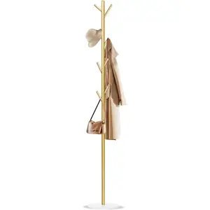 Coat Rack, Metal Freestanding Coat Rack with 8 Hooks, Sturdy Coat Tree with Natural Marble Base for Coats, Hats, Scarves and Handbags for Entryway, Hallway, Bedroom, Office,Dorm (Gold)