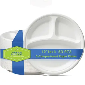 Urban Box Co. 10 Inch 3 Compartment Paper Plates, Heavy-Duty & Sturdy Sectional Compostable Dinner Plates, Perfect for Everyday Use, Eco-Friendly & Biodegradable Disposable Plates