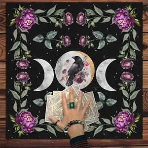 Witchy Raven Floral Moon Pattern Polyester No Wooden Materials Tarot Tablecloth, Tarot Card Witchcraft Astrology Divination Board, Gift Packaging Supplies for Party Decor, Halloween