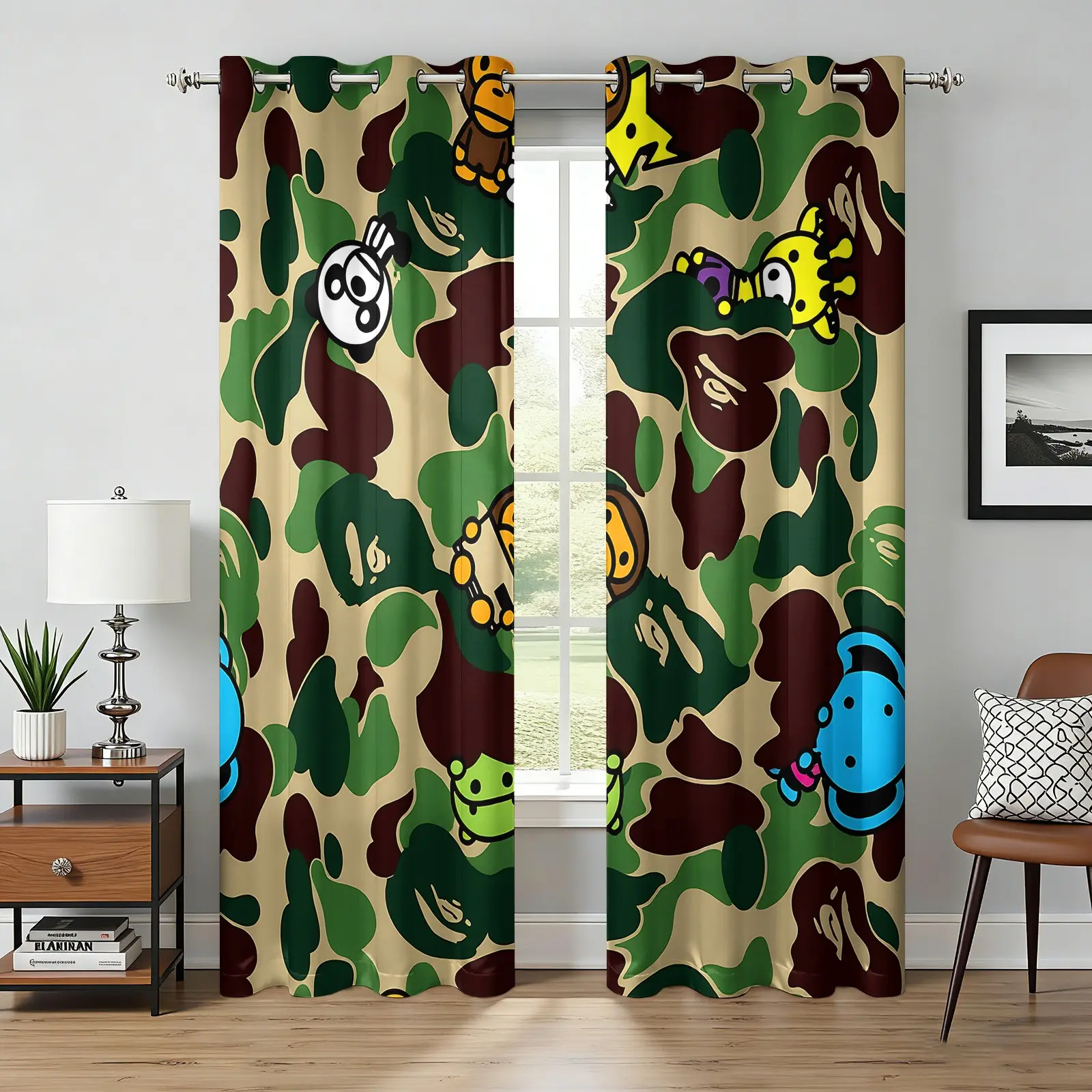 2 Panels Cute Cartoon Camouflage Print Blackout Curtains - Thermal Insulated, Room Darkening Window Drapes with Fun Animal Characters & Camo Pattern, for Kids Bedroom, Teens Room, Streetwear Hypebeast Home Decor, Home Decoration Curtain