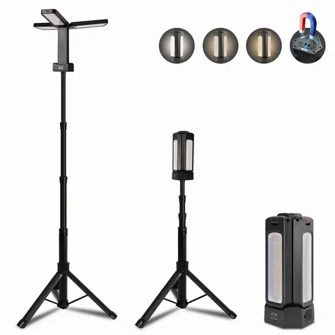 CuLiDing 12000mAh USB Rechargeable Flashlight LED Work Light - Adjustable Aluminium 74.8" Tall Detachable Tripod, Switch-Controlled 2000/2500/3000 Lumens Dimmable, Articulated Multi-Head Job Site Light with Carrying Bag for Job Site, Camping