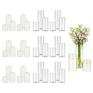 VEVOR Pillar Candles and Glass Vases Set 36 Pcs, Clear Cylinder Hurricane Candle Holders for Wedding Centerpieces, Tall Vase for Table Decor, Wedding Party, Thanksgiving, White (3.4x 4.7, 7.1, 9.8)