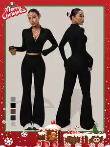 Women's Two-Piece Set, Autumn Winter Knit Ribbed Jacket & High-Waisted Flare Pants, Casual Fitted Yoga Gym, Sweatsuit Outfits