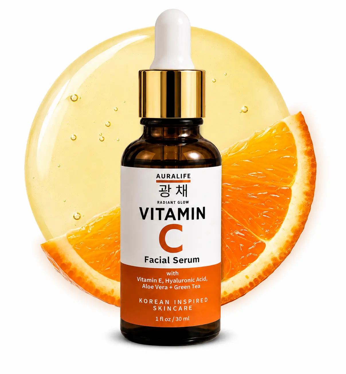 AURALIFE Vitamin C Facial Serum with Hyaluronic Acid, Vitamin E, Aloe Vera & Green Tea – Brightening Hydrating Face Serum for Radiant Glow, 1 fl oz