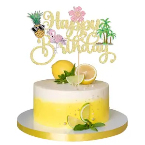 F-PSD21  1Pcs Happy Birthday Cake Topper Tropical Hawaiian Luau Cake Pick Glitter Flamingo Flower Plam Leave Pineapple Cake Decoration for Summer Baby Shower Birthday Party Supplies Insert Palm