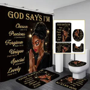 1PC/4PCS 2D Flat Printing Black and Gold Praying Woman Patterned shower curtain, home bathroom decor, home goods, shower curtain set with 12 hooks, non-slip bathroom rug, U-shaped toilet seat cover, toilet seat mat, Bathroom Decoration Accessories