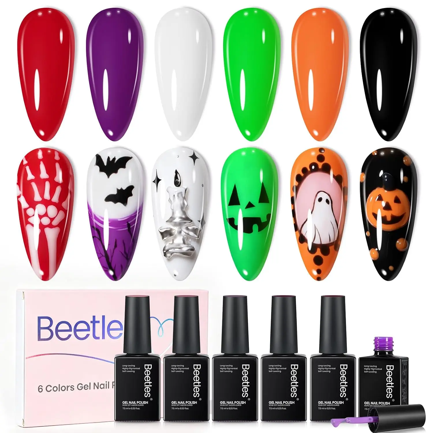 Beetles Halloween Gel Nail Polish Set - Halloween Spell, 6 Colors Gel Polish Set | Pumpkin Red Black White Green Purple Shades, Soak-Off UV LED, Long-Lasting Nails Art for Salon, Home DIY & Holiday Manicures