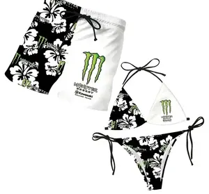 Matching Monster Hawaiian Swimsuits for Couples, Women's Tie Side Bikini Set & Men's Beach Shorts, Tropical Vacation Swimwear, Summer Beach Outfit