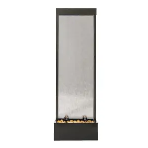 Xbrand ALLALU14BKCRE 68 in H Freestanding Modern Indoor/Outdoor Waterfall Fountain w/ Decorative Rocks, LED Lights & Auto-Shut Off Pump, Aluminum/Clear Glass, Black