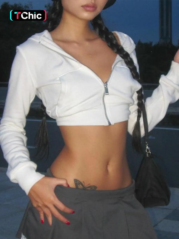 Women's Plain Pocket Zip Up Crop Hoodie, Casual Long Sleeve Hooded Top for Spring & Fall, Ladies Clothes for Daily Wear, Shoulder Hoodies, Casual Sporty Top