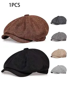 Breathable Linen Blend Unisex Newsboy Hat, Vintage Octagonal Baker Boy Cap, Casual Flat Top Driving Hat, Adjustable Strap, All Seasons