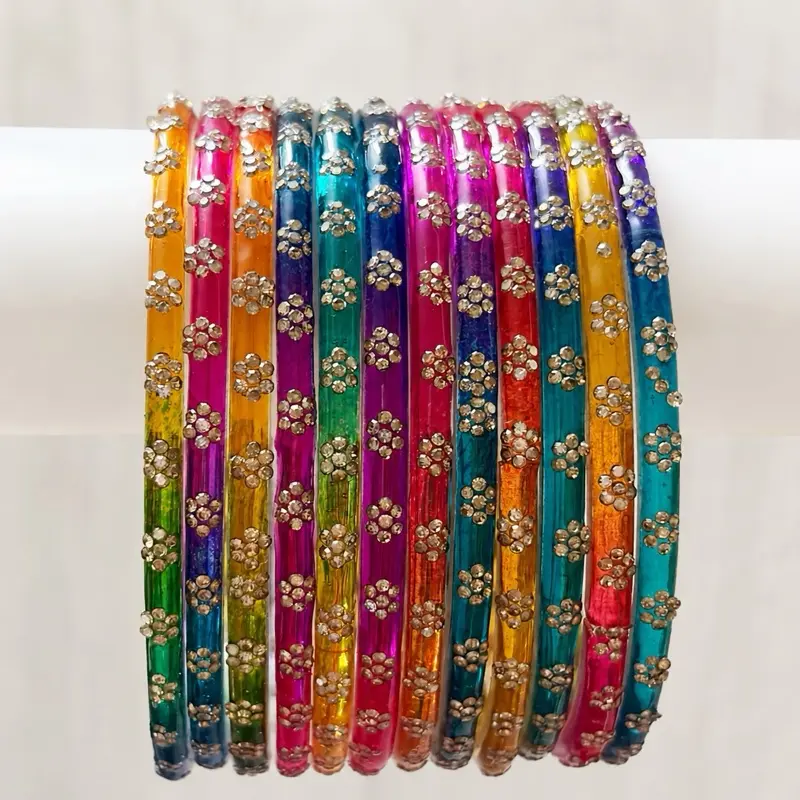 Women's 12-Piece Stackable Rhinestone Flower Motif Glass Bangles, Gold Multi-Colors Indian Bridal Churiyan, 2-Sizes Costume Jewelry Day Present for Female Use, Stackable Bangle, Two Sizes
