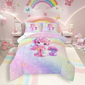 Unicorn Bedding All Season Rainbow Unicorn Bedding Set,Soft Kids Comforter Set,Gradient Glitter Comforter,With Alphabet Monogram T (Purple Pink)