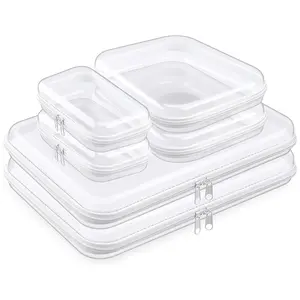6 Pcs Clear Hard Zipper Case Hard Plastic Zipper Pouches Transparent Makeup Bag Pencil Pouches for Travel Snacks Christmas Trinket Storage Organizer Box(Clear,Three Sizes)