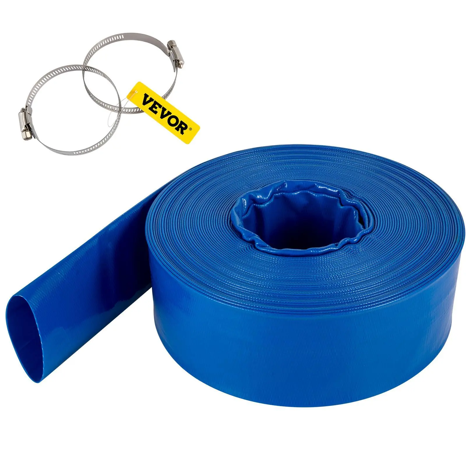 【SummerFinds】VEVOR Discharge Hose,  1-1/2" x 105', PVC Fabric Lay Flat Hose, Heavy Duty Backwash Drain Hose with Clamps, Weather-proof & Burst-proof, Ideal for Swimming Pool & Water Transfer, Blue