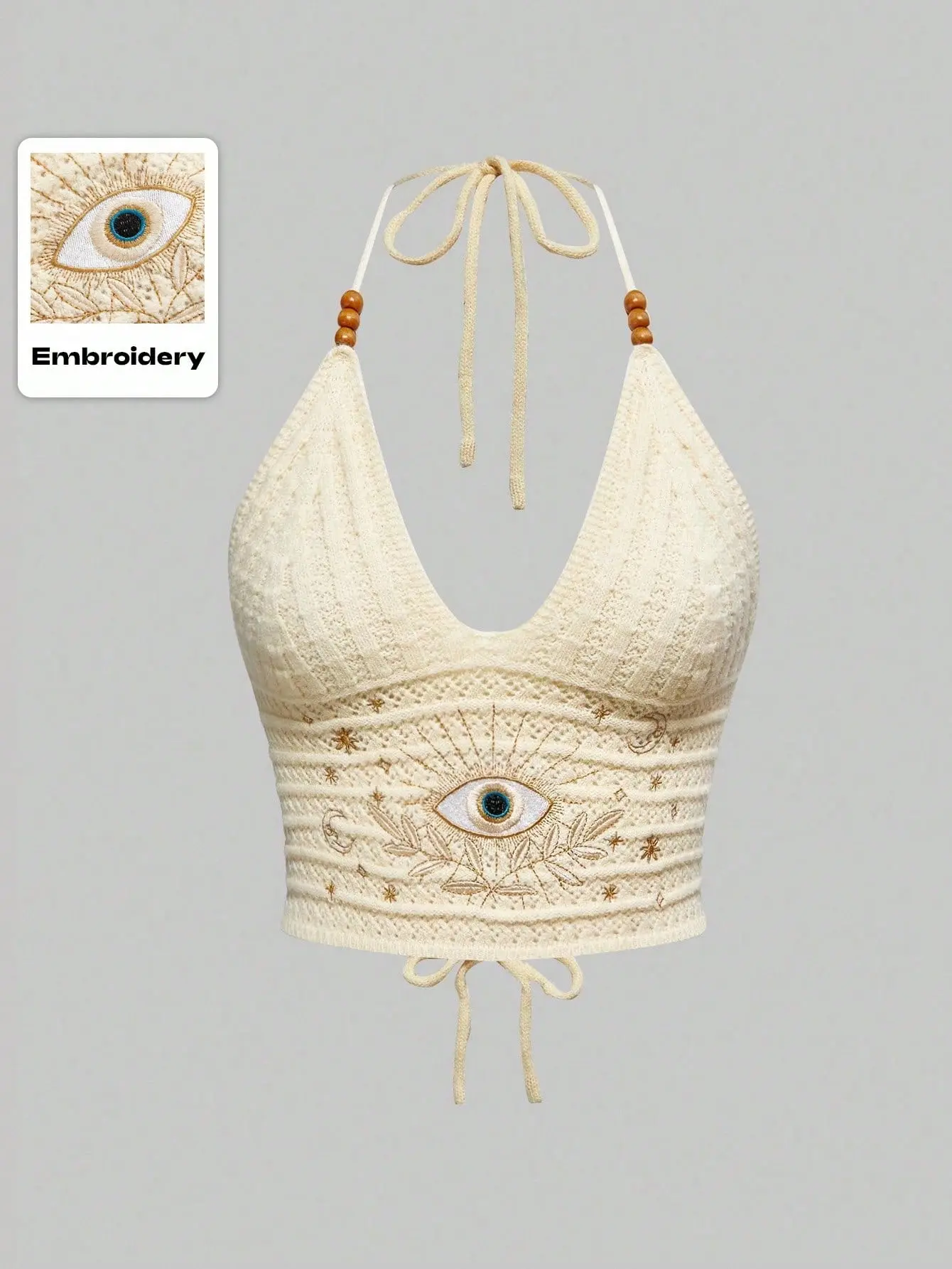 SNOBBISH Women's Boho Summer Hippie Vacation Style Eye Moon & Star Embroidery Color Knit Beaded Top