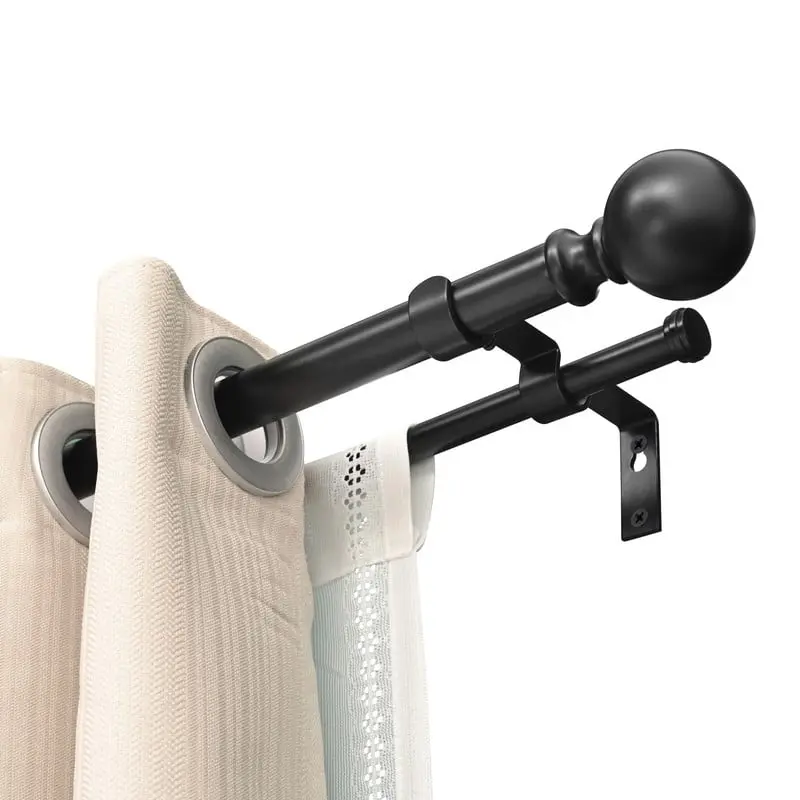 212 MAIN Wall Mounted Telescopic Double Curtain Rod Set - 1-Inch Diameter, 28-48 Inches Adjustable Curtain Rods, Classic Cap Window Treatment Hardware, Black, Telescopic Curtain Rod
