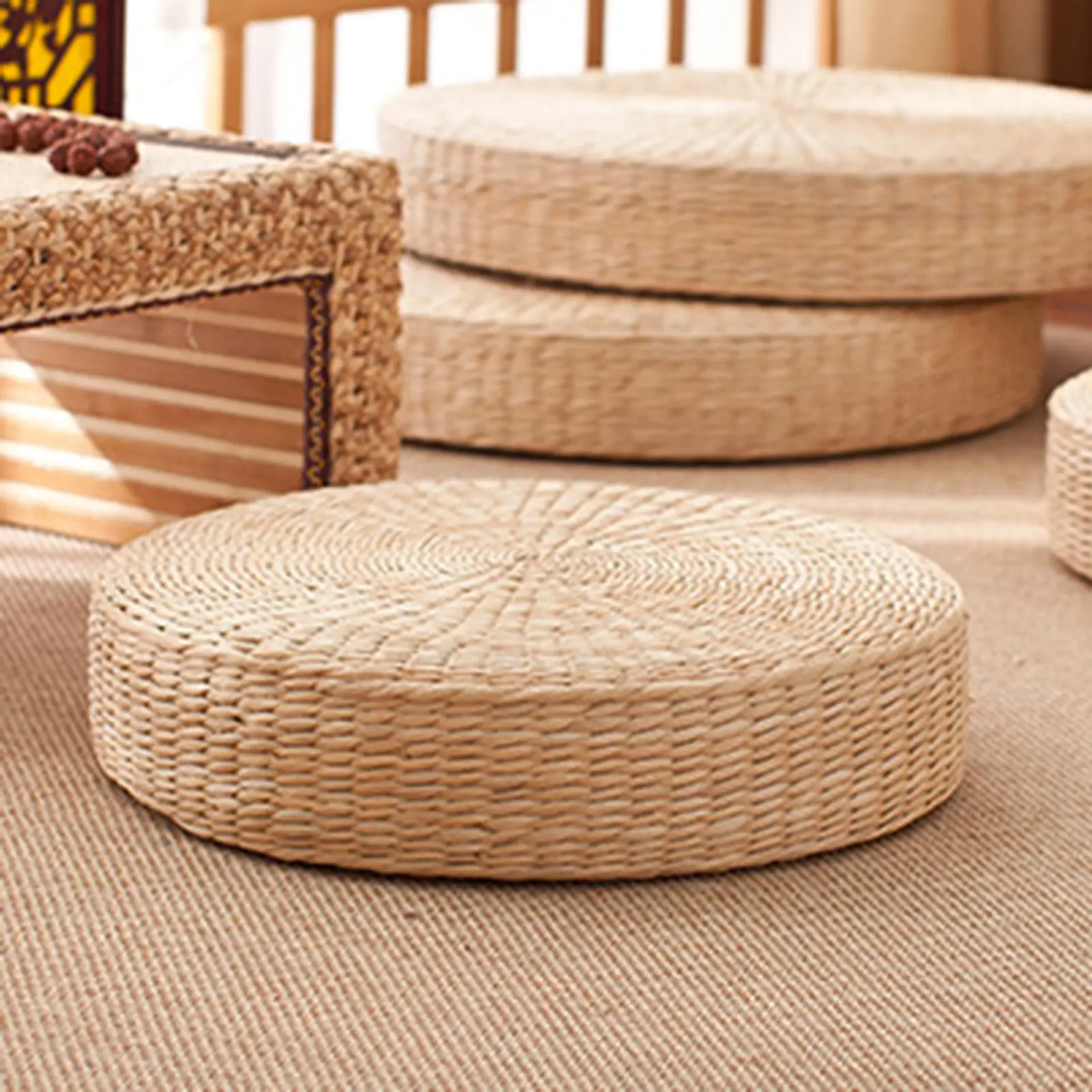 40cm Handmade Straw Braided Round Tatami Cushion, Breathable Comfortable Floor Pillow for Versatile Household Use