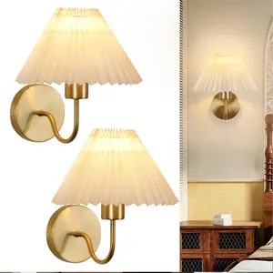 Vintage LED Ruffled Fabric Wall Lamp Set, Rechargeable No Wiring Installation, RGB Remote Control for Bedroom Study Hallway Entryway Decor, Decorative Wall Light