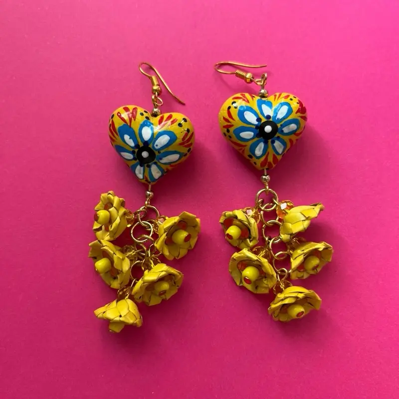 Aretes Mexicanos Heart Earrings with Colorful Floral Design and Yellow Accents