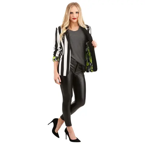 HalloweenCostumes Women's Chic Polyester Striped Long-Sleeve Blazer Jacket with Shawl - Lady's Unique Elastane Spandex Stretch, Tailored Slim for Polish, Twist Detail, Buttons, Print, Slit, Beetlejuice Art Turns Blazer Spooky, Dressy Fit Suit