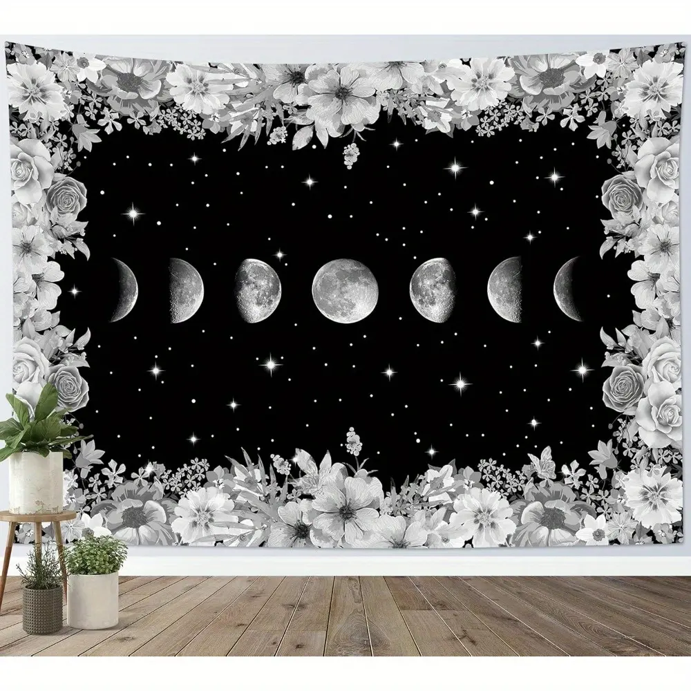 Moon Phase Floral Tapestry Wall Hanging - 60x40 Inch Large Black & White Celestial Night Sky Art with Crescent Moons, Stars & Roses, Polyester Peach Light Beige Fabric, Horizontal Boho Dorm/Bedroom/Living Room Decor, Easy to Hang No Electricity Needed