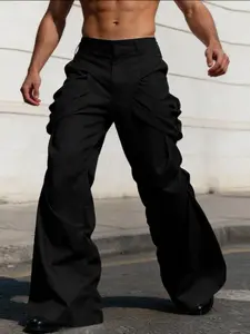 INCERUN Men's Fashion Casual Long Pants, Unique Structured Pleated Solid Color, Ideal for Daily Wear, Stylish and Comfortable