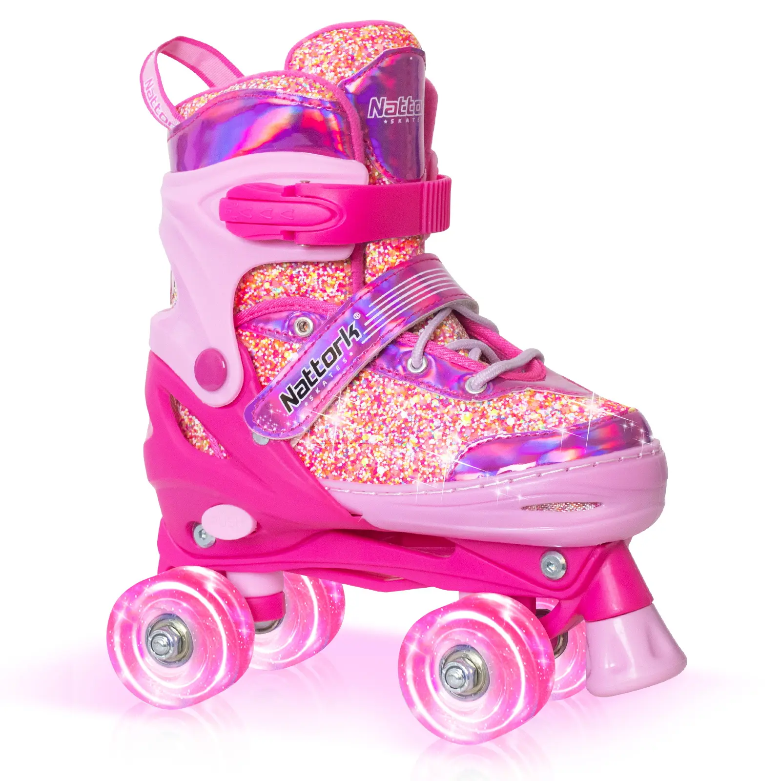 Nattork Kids Roller Skates - Adjustable High-Top Candy Pink with Breathable Mesh, 8 Shiny Wheels, Buckle Closure, 1-Push Change, Extra Toe Protection, High-Top Support, Airy Design