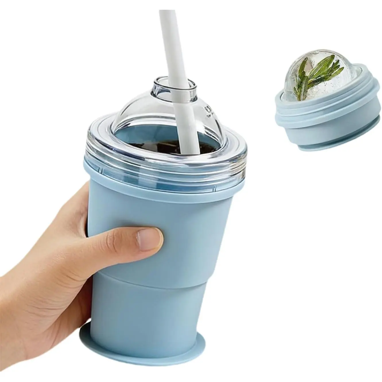 2-in-1 Collapsible Silicone Ice Ball Maker Cup, Portable Foldable Ice Hockey Cup with Straw & Lid, Leakproof Travel Tumbler for Coffee, Summer Drinks, Home, Outdoor