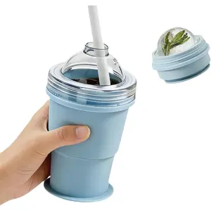 2-in-1 Collapsible Silicone Ice Ball Maker Cup, Portable Foldable Ice Hockey Cup with Straw & Lid, Leakproof Travel Tumbler for Coffee, Summer Drinks, Home, Outdoor