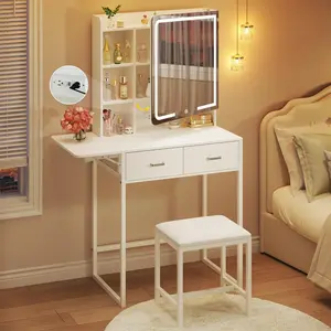 Makeup Vanity Desk with Mirror and Lights, Small Makeup Vanity with Fabric Storage Drawer & Chair & Shelves, White Vanity with Fold-up Panel and Power Outlet for Bedroom