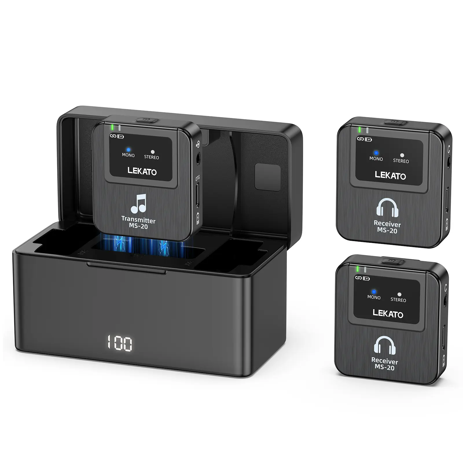 LEKATO Wireless in-Ear Monitor MS-20 Charging with Box 1Transmitter 2 Receivers 30H Battery Life for Studio Live Singer Band