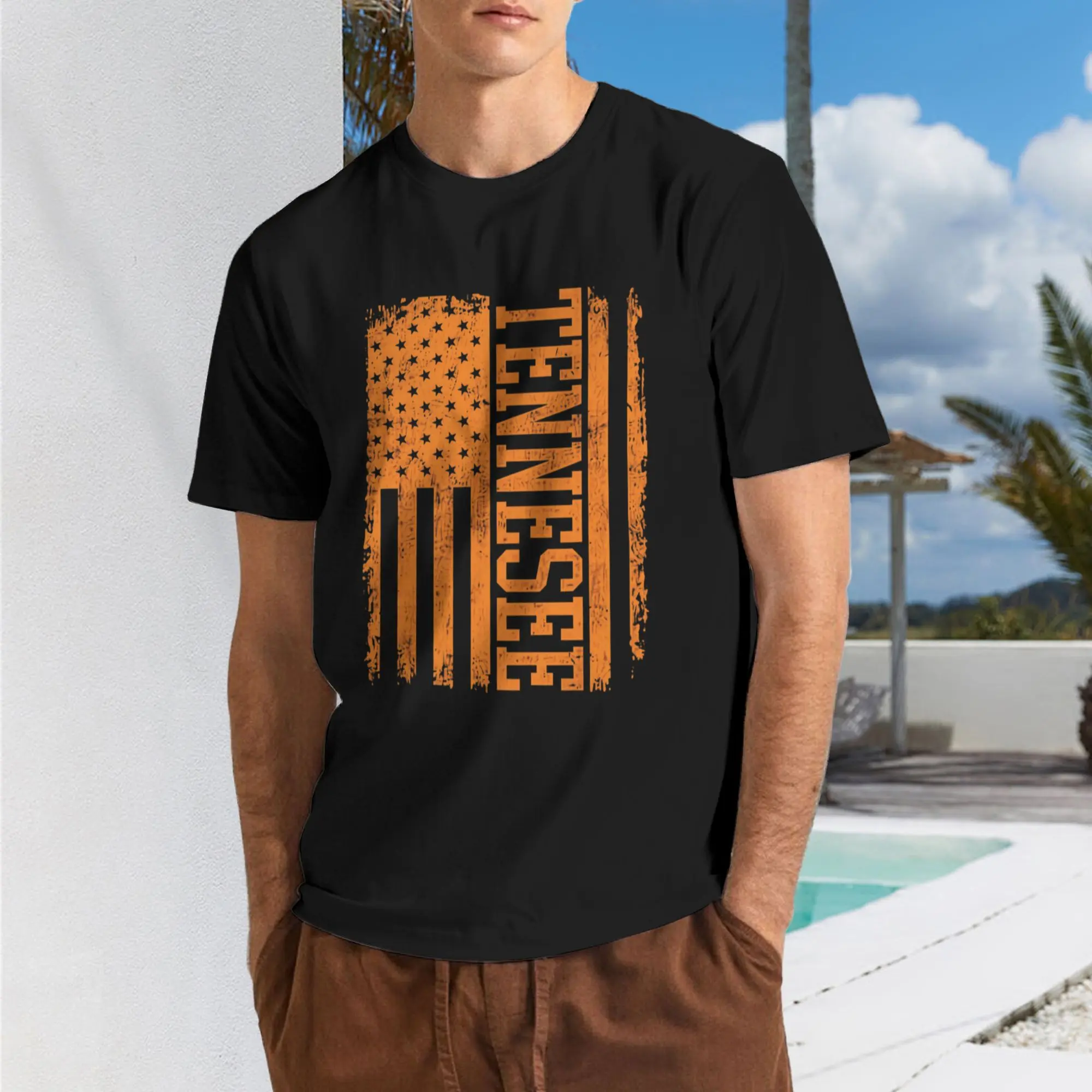 Menswear Short-Sleeve TN Orange Print Retro Varsity Vintage Tennessee T-Shirt - Unisex Festive Holiday Gift, Casual Outing Top, Shortsleeve, Tshirt