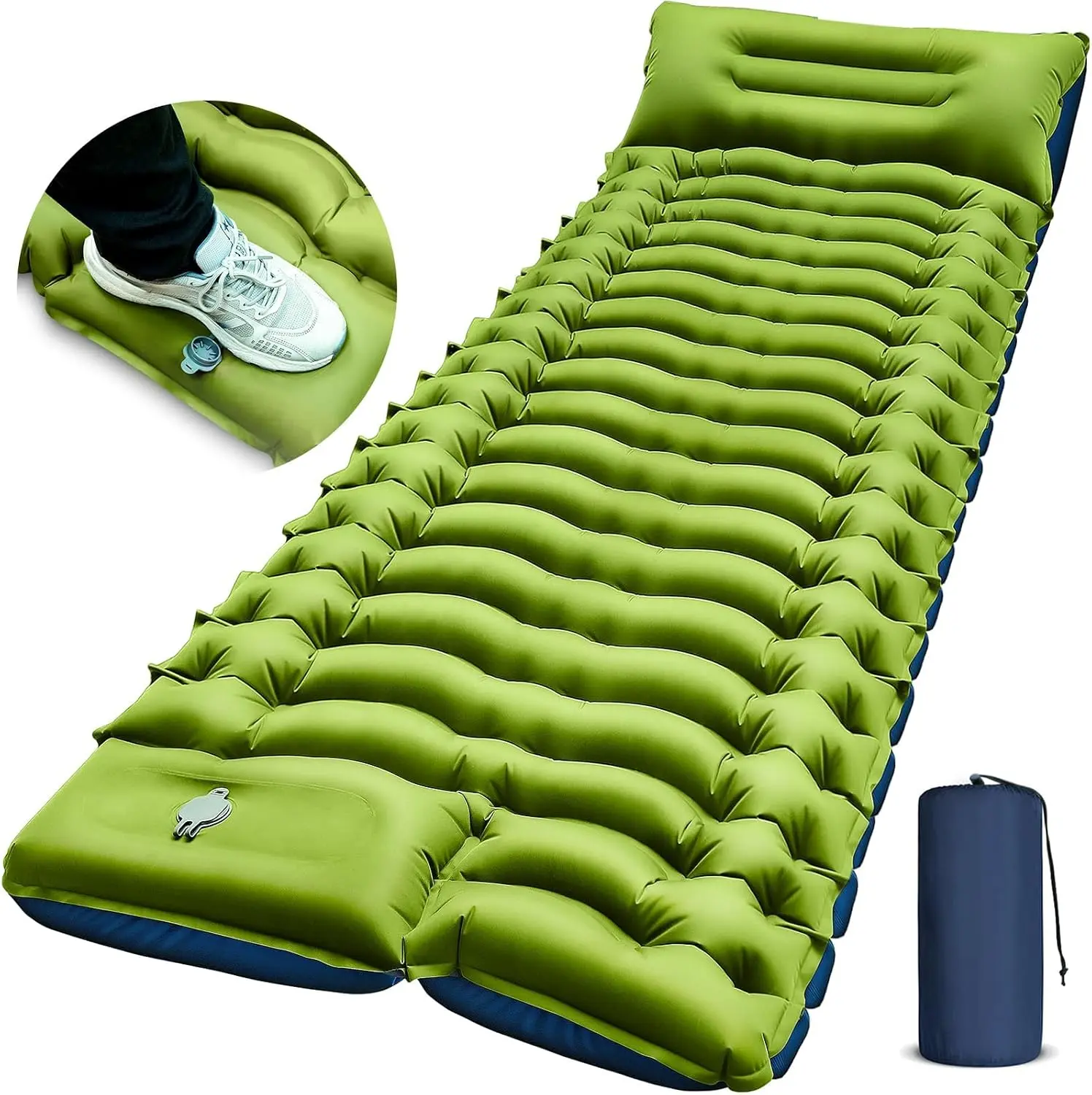 amping Sleeping Pad, Ultralight Camping Mat with Pillow, Built-in Foot Pump Inflatable Sleeping Pads Compact for Camping Backpacking Hiking Traveling Tent,Single,Green