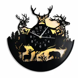 LED Colorful Vinyl Record Wall Clock, Retro Forest Deer Pattern, Remote Control, Christmas Easter Theme, Home Office Decor, Ideal Gift