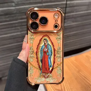 Virgin Mary Pattern Phone Case , Electroplated Cover with Airbag Shockproof Slim Soft TPU Cover for iPhone X 11 12 13 14 15 16 17 Pro Max Plus Air Catholic Guadalupe Maria
