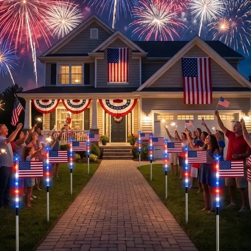 Independence Day eight-piece solar ground flag stand ( 8 lighting modes, outdoor waterproof passage lights, suitable for lawns, gardens and landscaped courtyards, holiday decorations