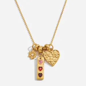 [FLAME] Women's Gold Bead Necklace with Heart & Daisy Flower Decorations, Elegant Layered Jewelry with Pink CZ Accents, Suitable for Casual Wear & Gifts