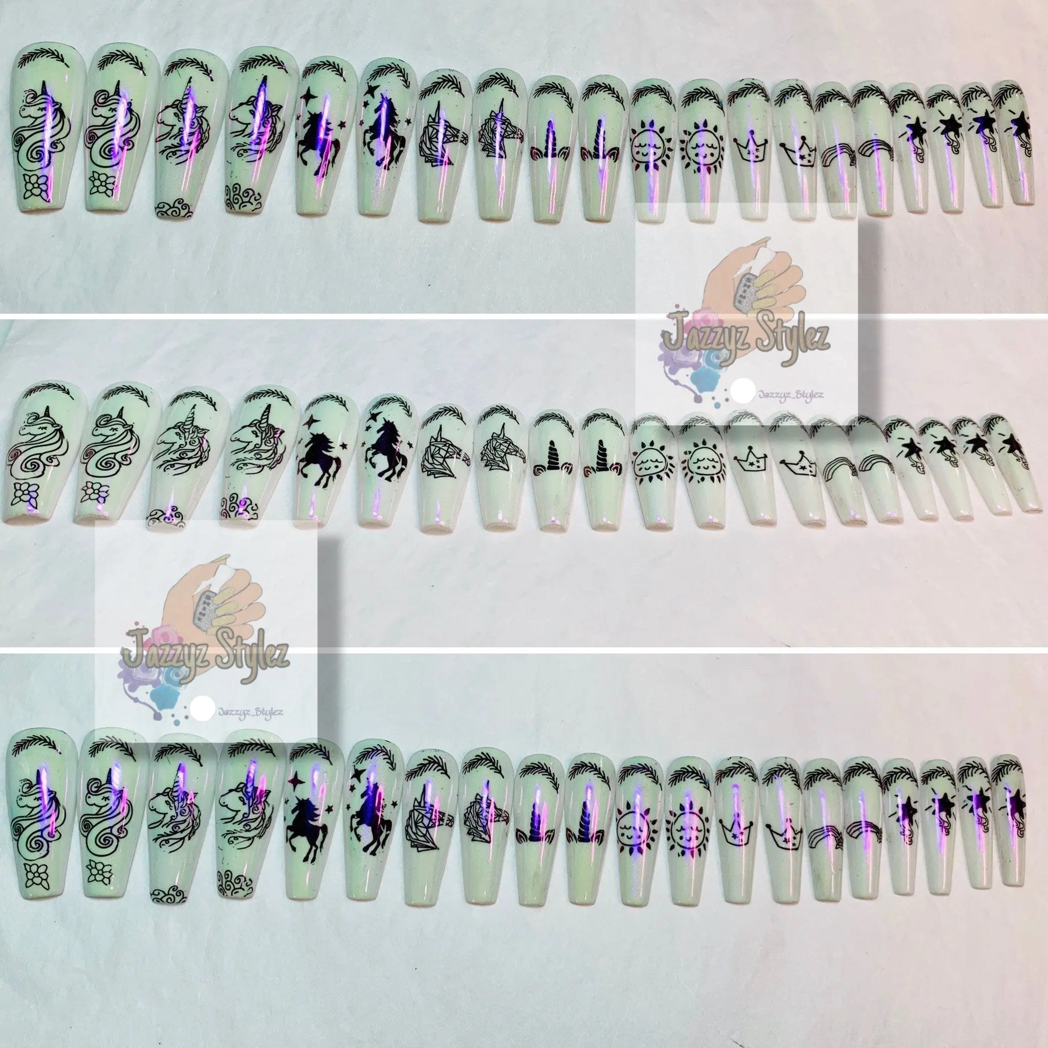 Jazzz Stylez 20 Piece Ballerina Magical Unicorn Press On Nails with Purple Iridescent Chrome Top Reusable Tin & Prep Kit Included